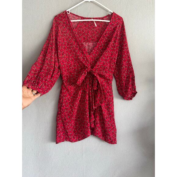 NWT's Free People Clara Floral Print Tunic Faux Wrap Red Mini Dress Size Xsmall - Picture 2 of 14